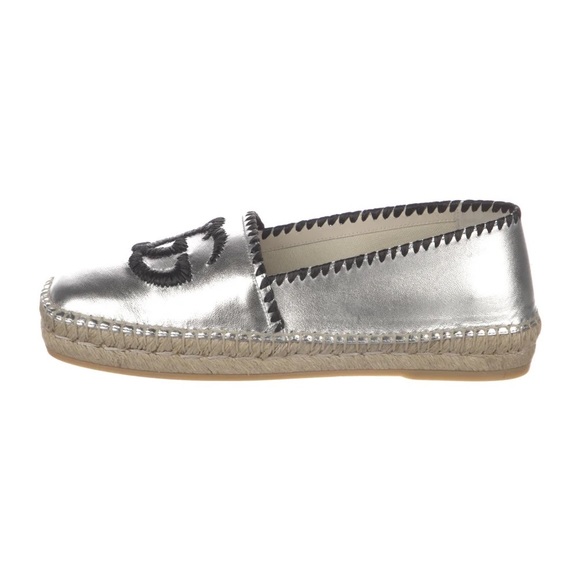 Gucci Authentic Double G Logo Patent Leather Espadrilles Silver Sz 40 - Picture 2 of 8
